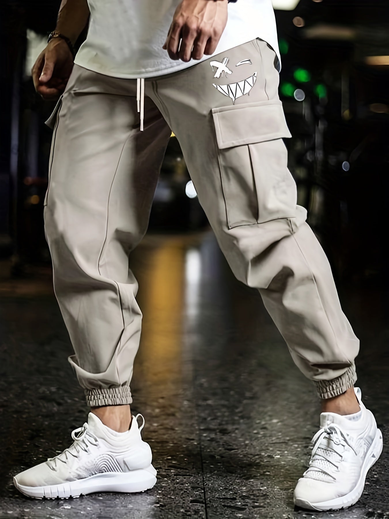 Smile Print Cargo Pants Men's Flap Pocket Trousers Loose Casual Outdoor Pants