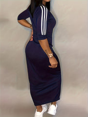 Plus Letter & Stripe Half Sleeve Maxi Dress