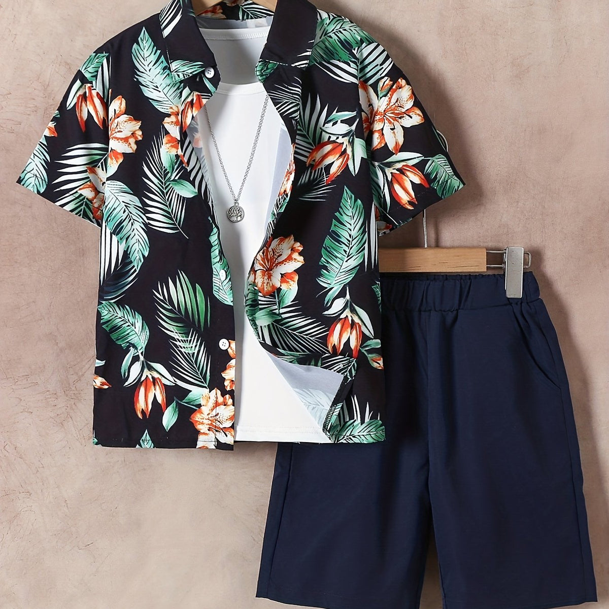 Boys Flower & Leaf Print Shirt & Shorts Set Kids Summer Clothes
