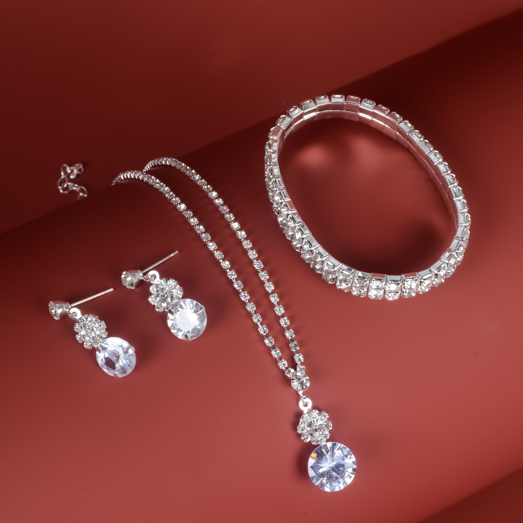 4pcs Silver Plated Rhinestone Jewelry Set for Women