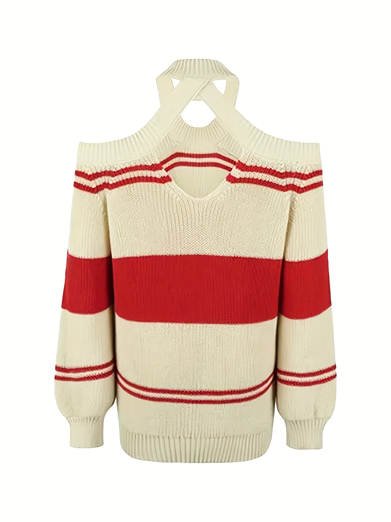  Colorblock Stripe Print Cold Shoulder Sweater