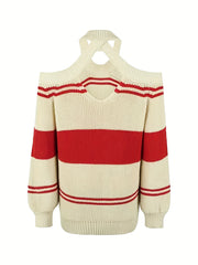  Colorblock Stripe Print Cold Shoulder Sweater