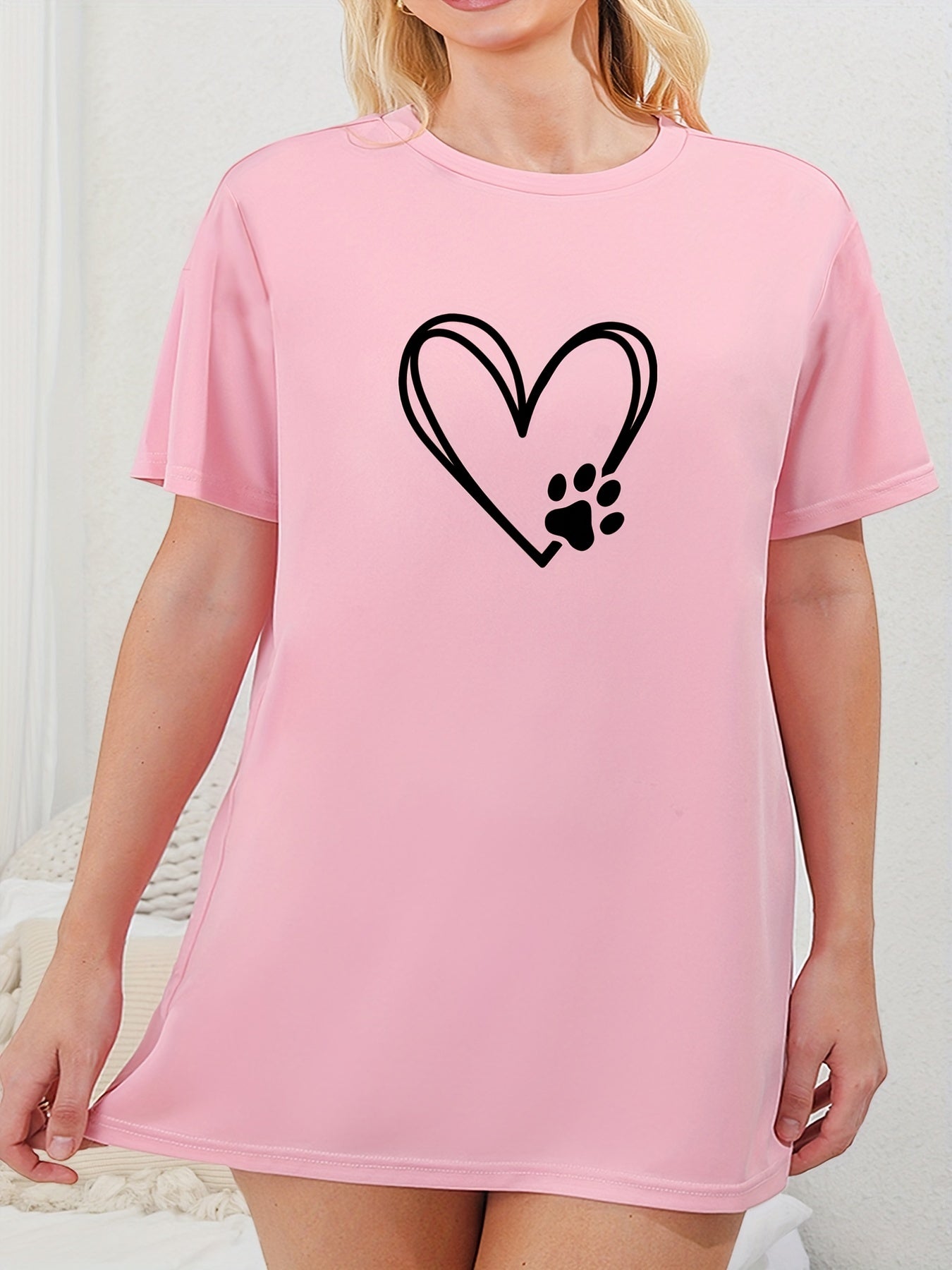  Casual Nightdress Women's Plus Paw Print Short Sleeve Tee Dress