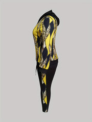  Colorblock Leopard Print Hooded Sweatshirt & Pants Set