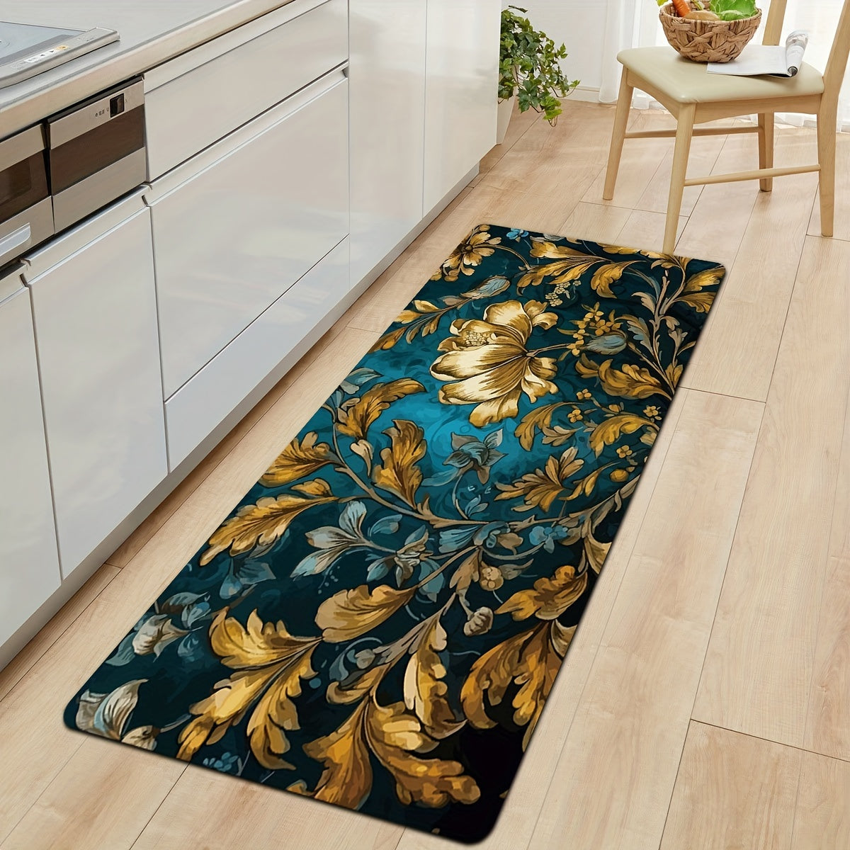 Retro Golden Leaf Print Rug Washable Floor Mat