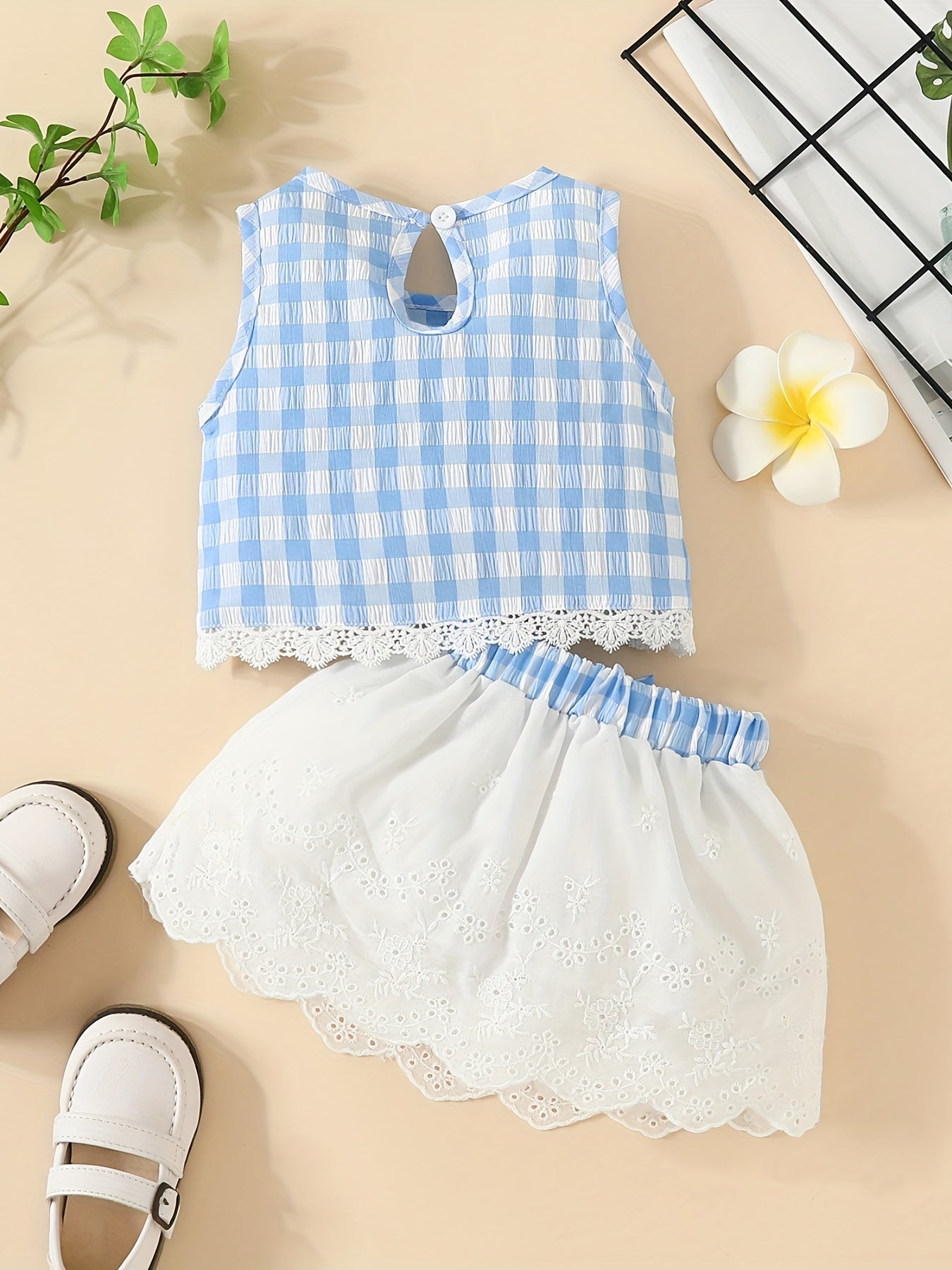 Baby Girls Gingham Lace Trim Tank Top & Skirt Set for Summer