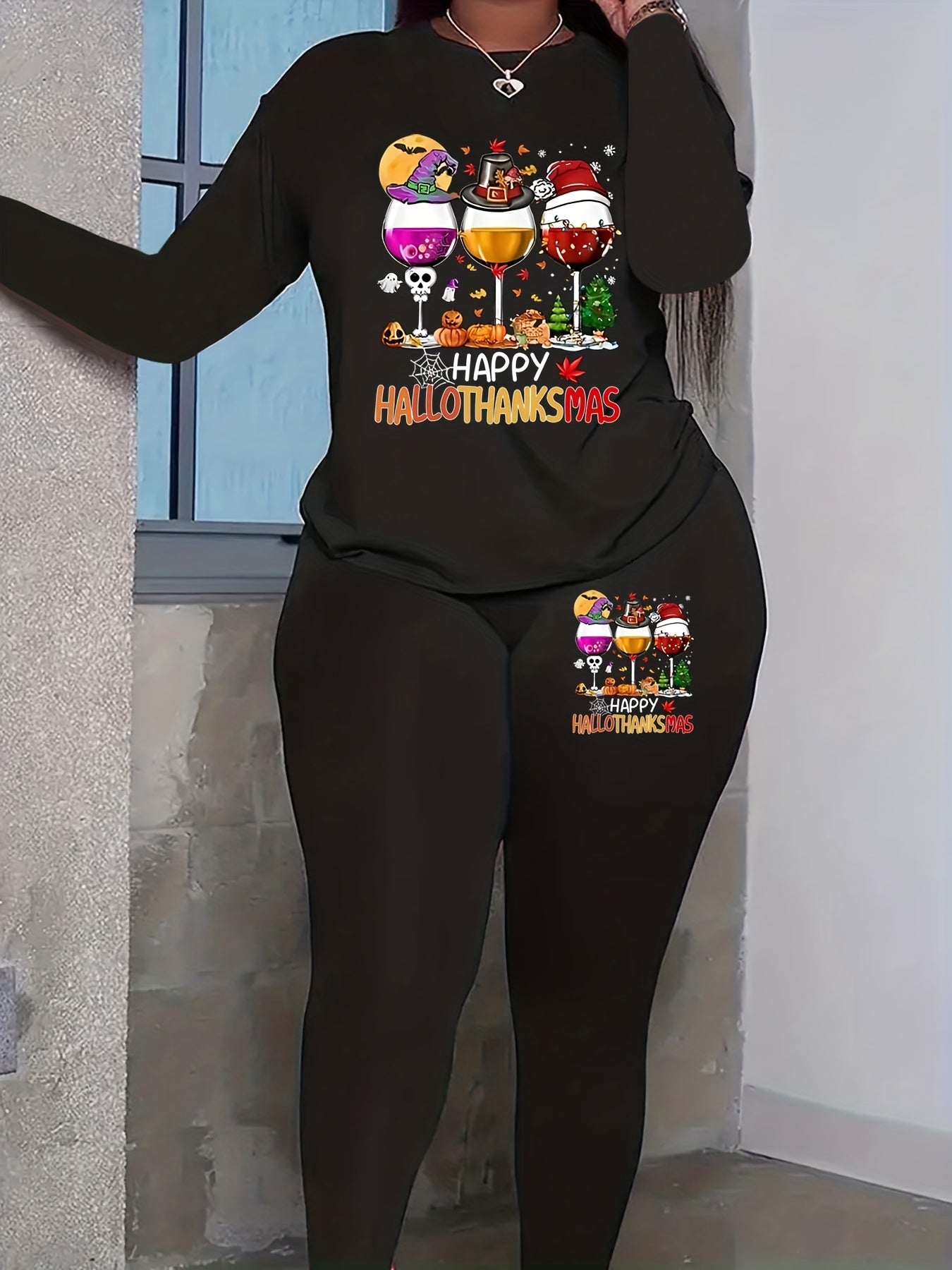  Funny Wine Glasses Print Top & Leggings Set