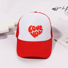 Love You Print Baseball Cap Red Adjustable Trucker Hat Mesh Breathable