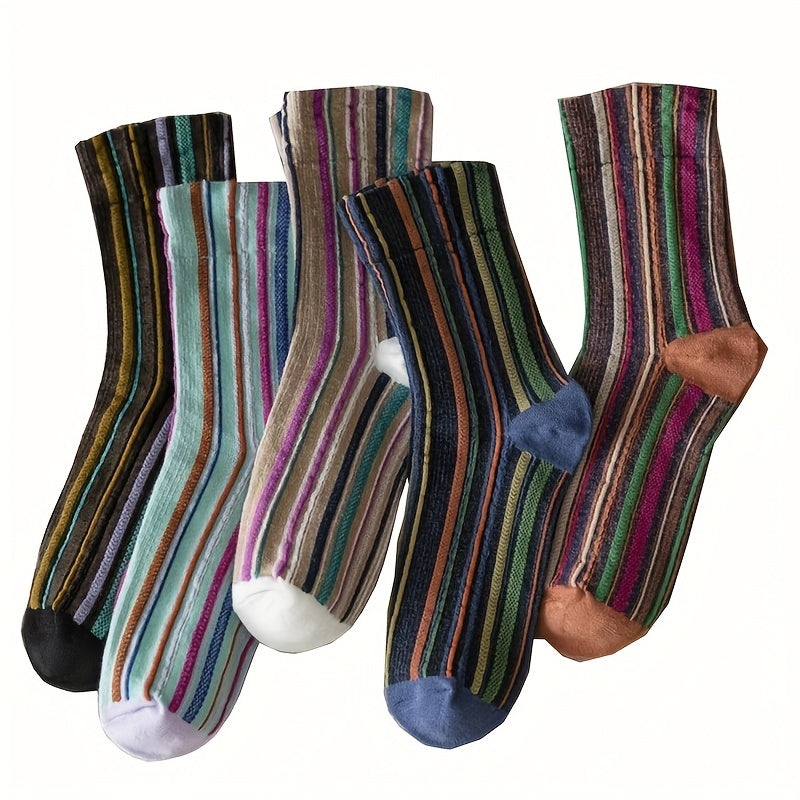 5 Pairs Colorblock Striped Socks Retro College Style Mid Tube Socks
