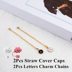 2pcs Round Letter Pendant for Cup Handle + 2pcs Dustproof Straw Covers