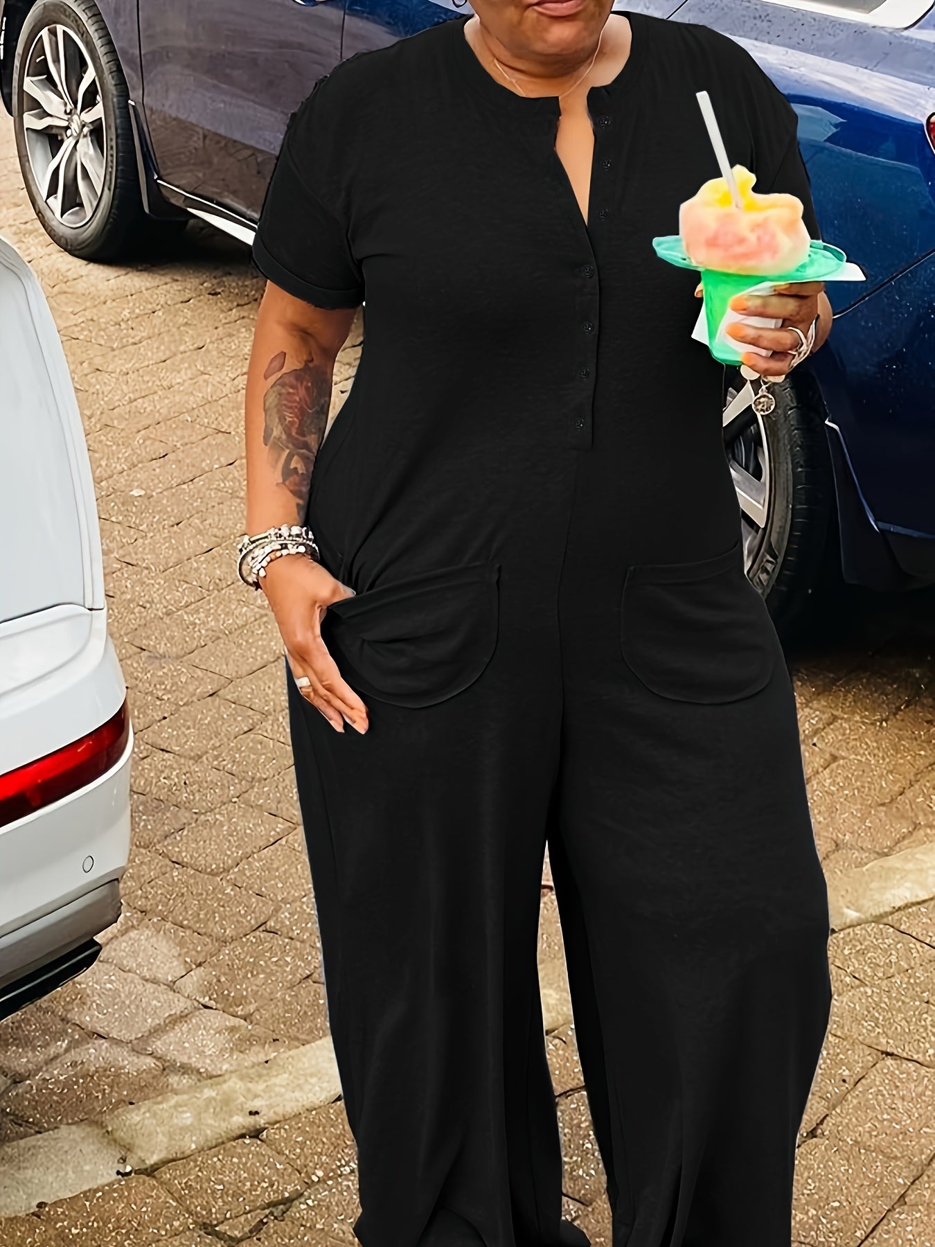  Button Up Short Sleeve Wide Leg Jumpsuit