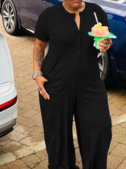  Button Up Short Sleeve Wide Leg Jumpsuit