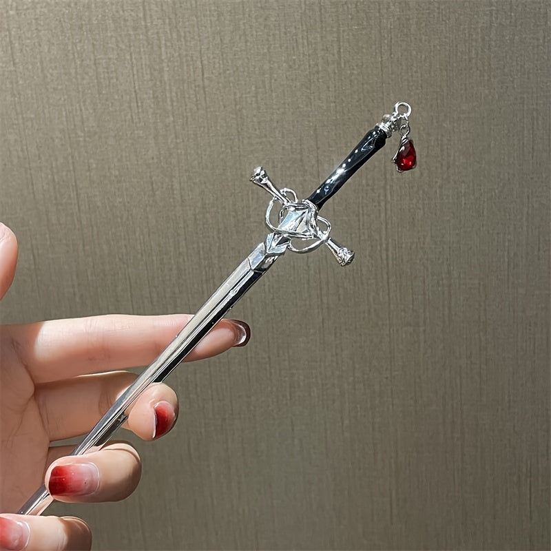 Chinese Style Punk Ruby Hairpin Silvery Sword Hanfu Vintage Hair Pin