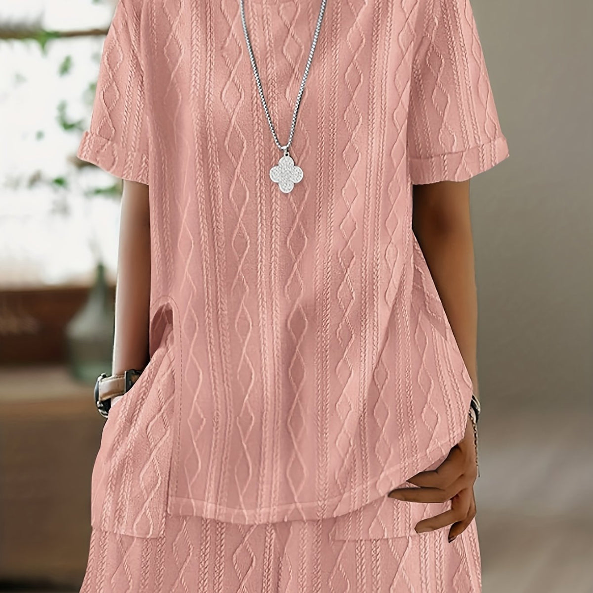  Casual Outfits Set Women's Plus Solid Textured Top & Shorts Set