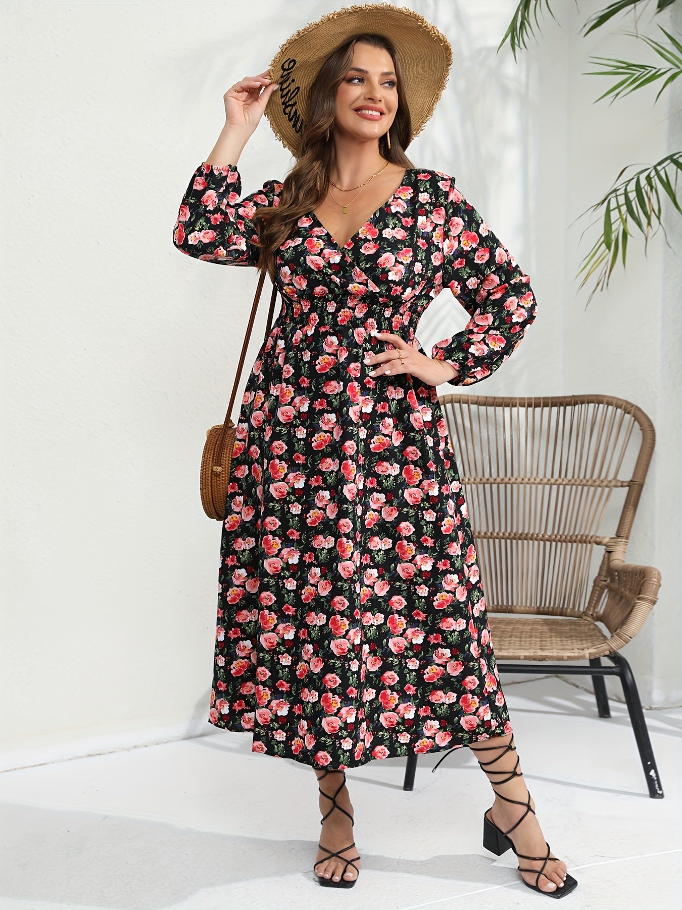  Rose Print Long Sleeve Maxi Dress