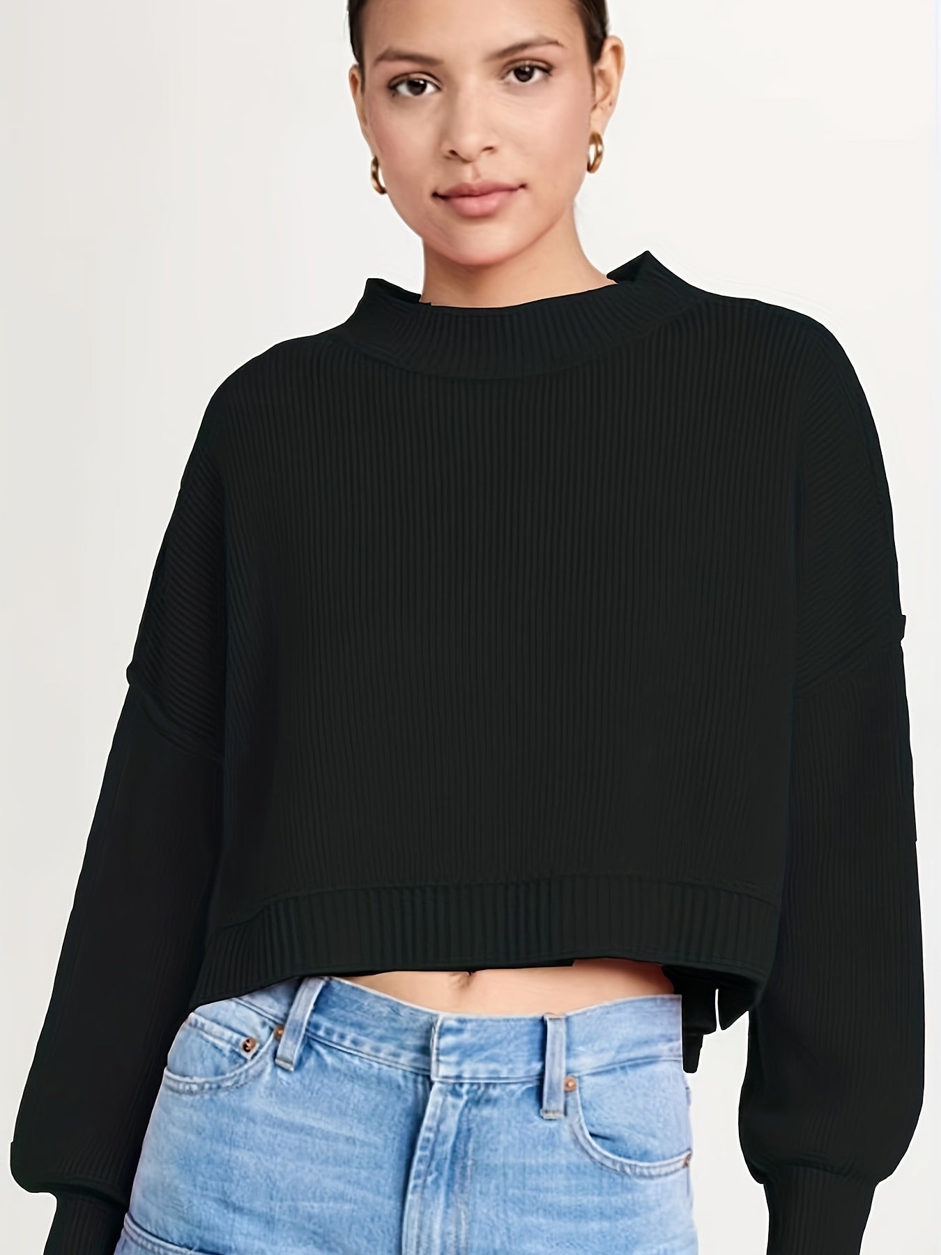  Solid Long Sleeve Crew Neck Sweater