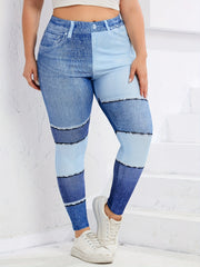  Denim Print Colorblock High Stretch Leggings Women's Plus