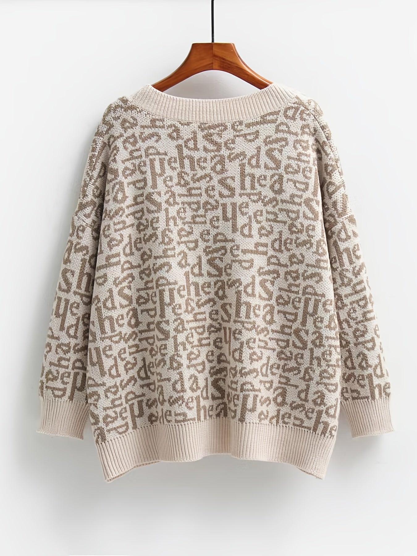  Letter Print Sweater Cardigan With Pockets