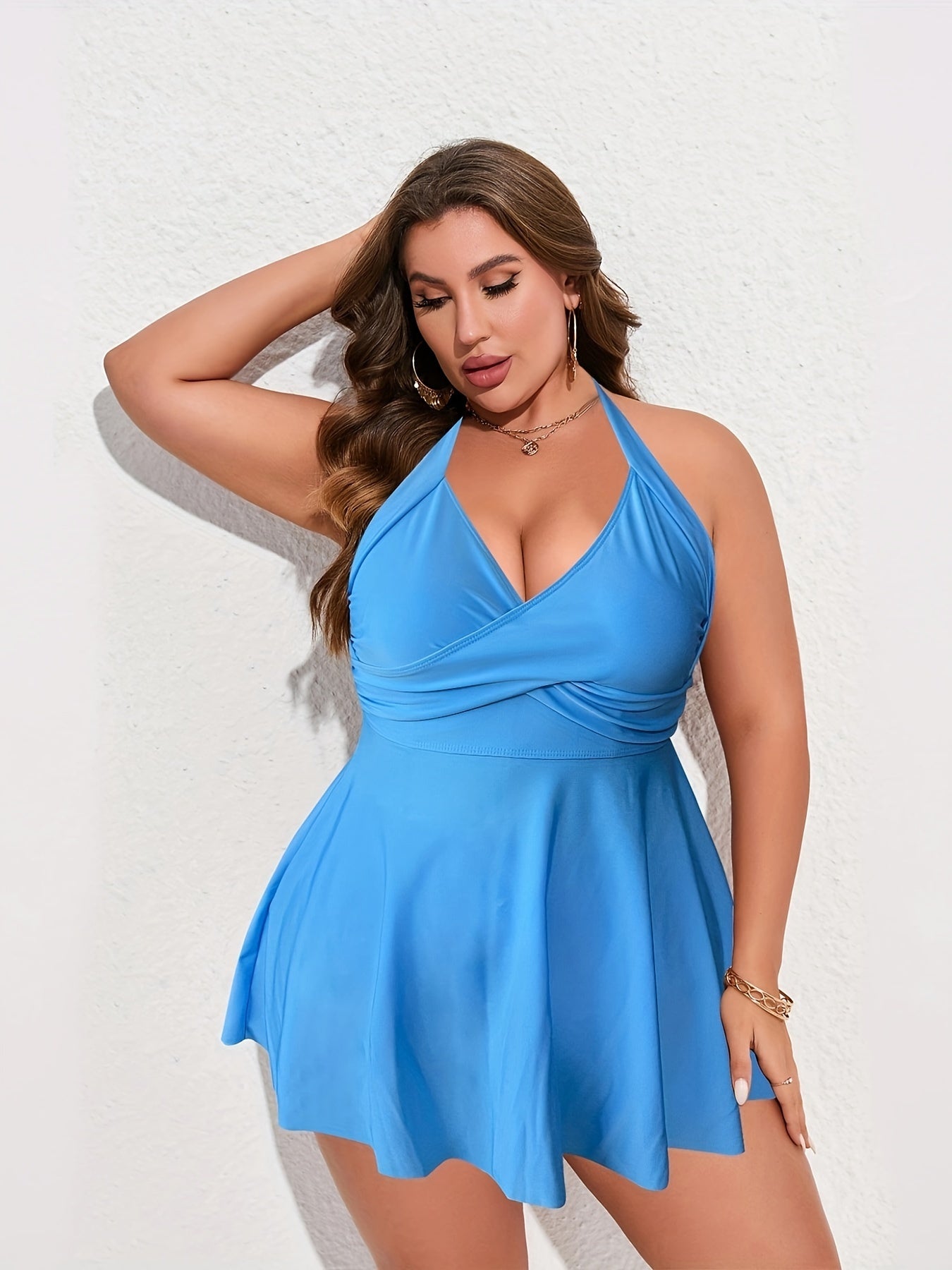  Solid Cross Front Halter Dress & Panty Swimsuit 2 Piece Set