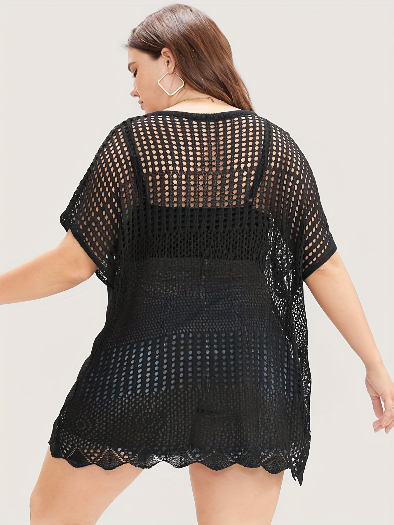 Plus Size Casual Knit Top Women's Plus Solid Hollow Out Bat Sleeve