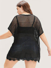 Plus Size Casual Knit Top Women's Plus Solid Hollow Out Bat Sleeve