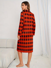 Plaid Print Button Lounge Dress Lapel Pocket Long Sleeve