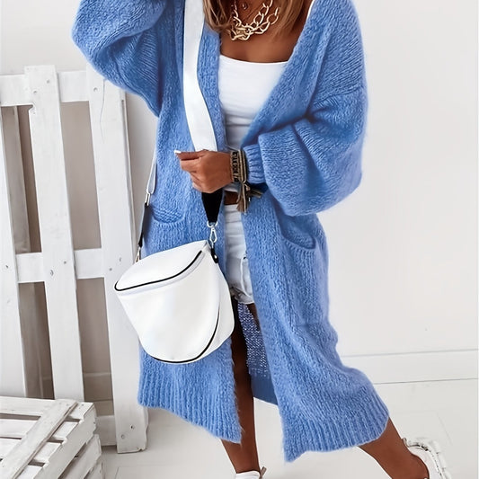  Solid Long Sleeve Open Front Cardigan with Pockets
