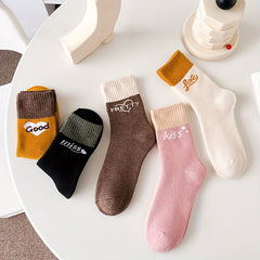 5 Pairs Letter Print Warm Mid Tube Socks Women's Stockings Hosiery