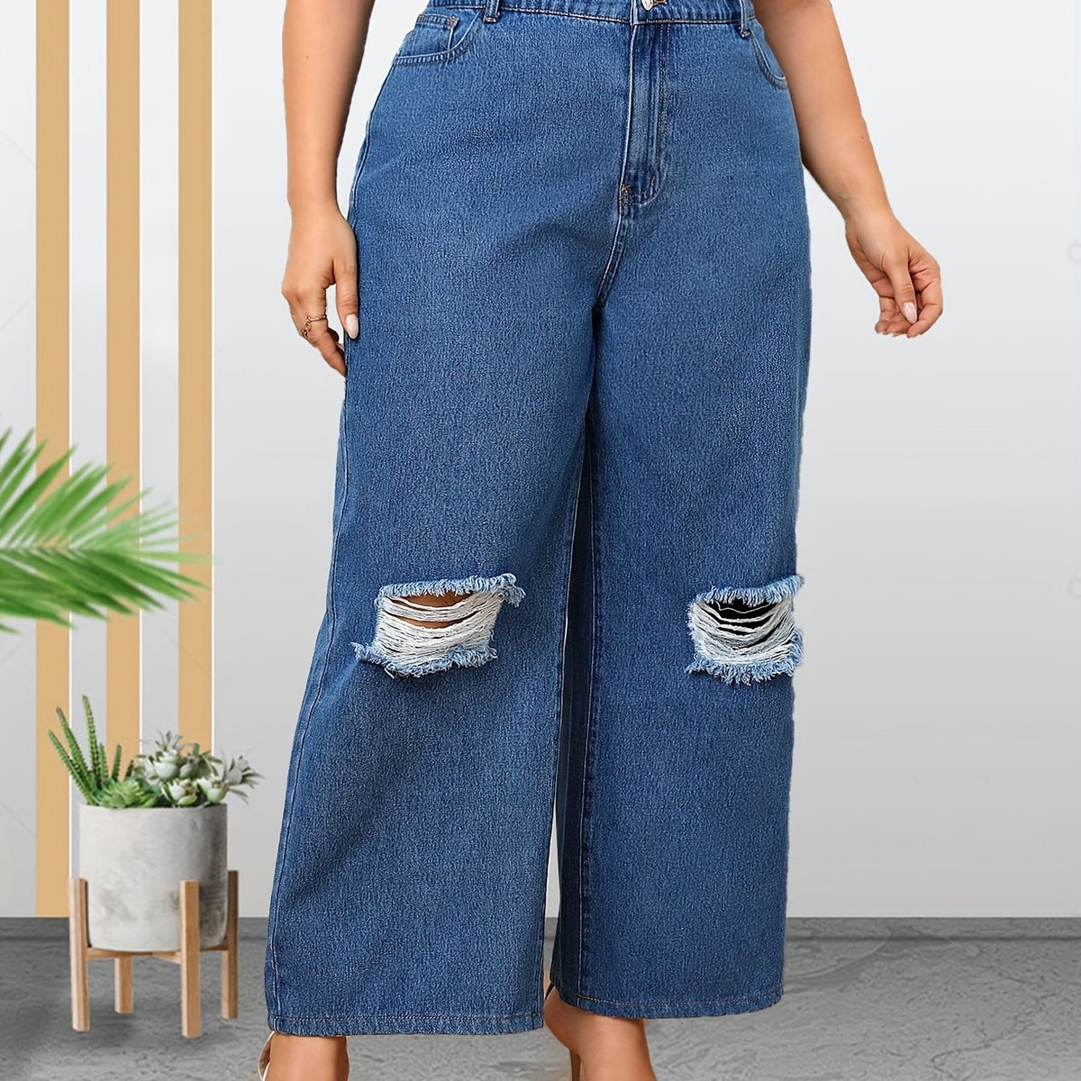 Plus Size Ripped High Rise Wide Leg Jeans