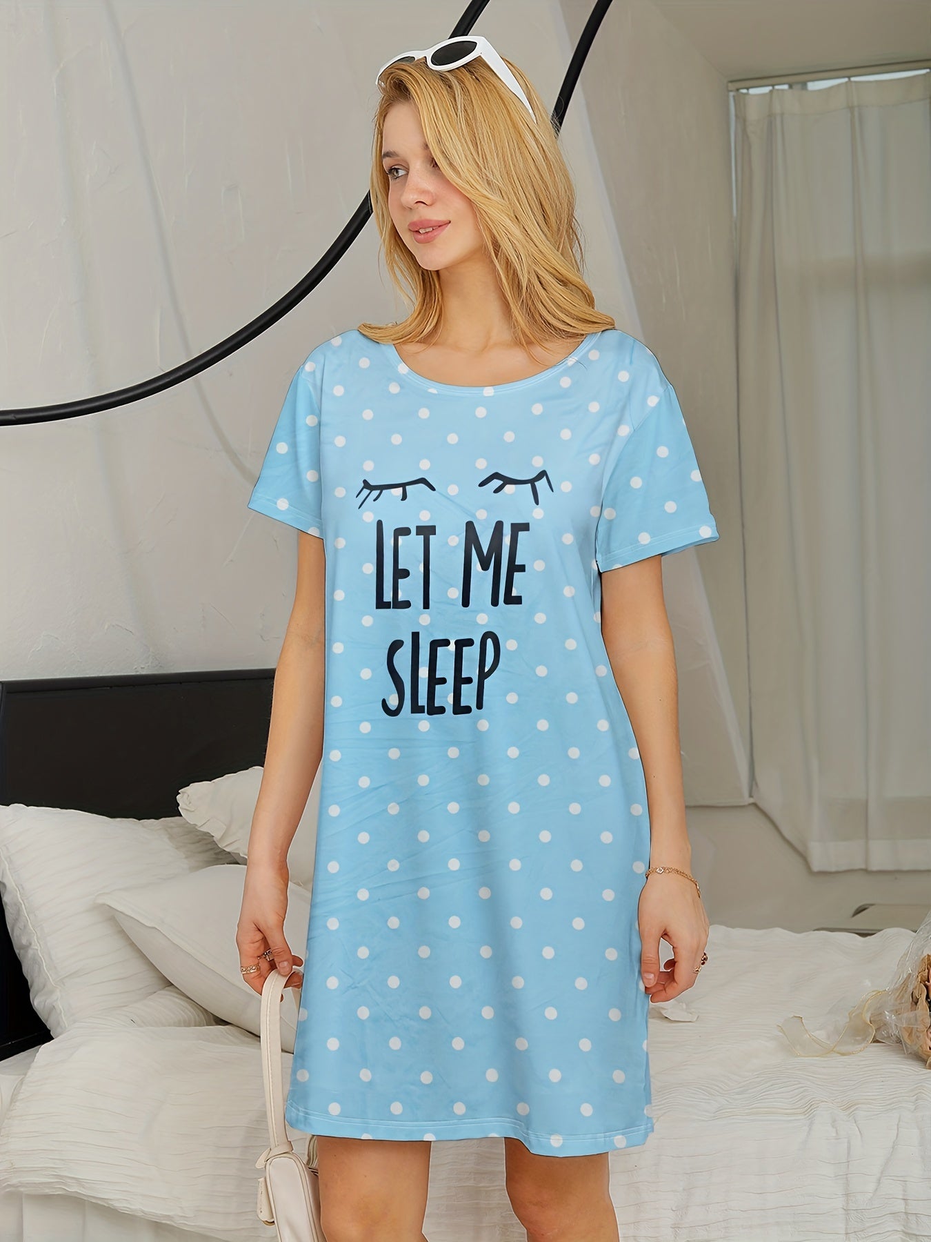 Polka Dot NightDress Short Sleeve Crew Neck Pajama Dress