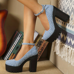 Women's Denim Block Heels Buckle Strap Platform Pumps