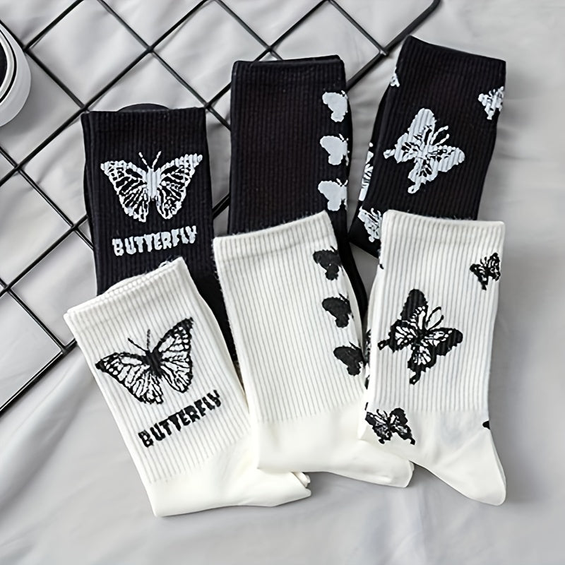 6 Pairs Butterfly Print Mid Tube Socks Women's Stockings