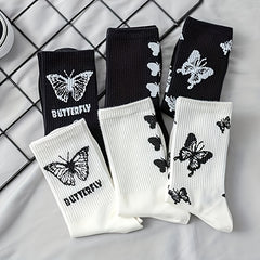 6 Pairs Butterfly Print Mid Tube Socks Women's Stockings
