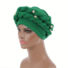 Green Twisted Braided Turban Cap Head Wrap Elastic Hijab Women Chemo Hats