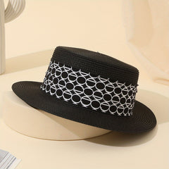 Straw Jazz Sun Hat Women Wide Strap Decor British Style Flat Top Fedora Cap