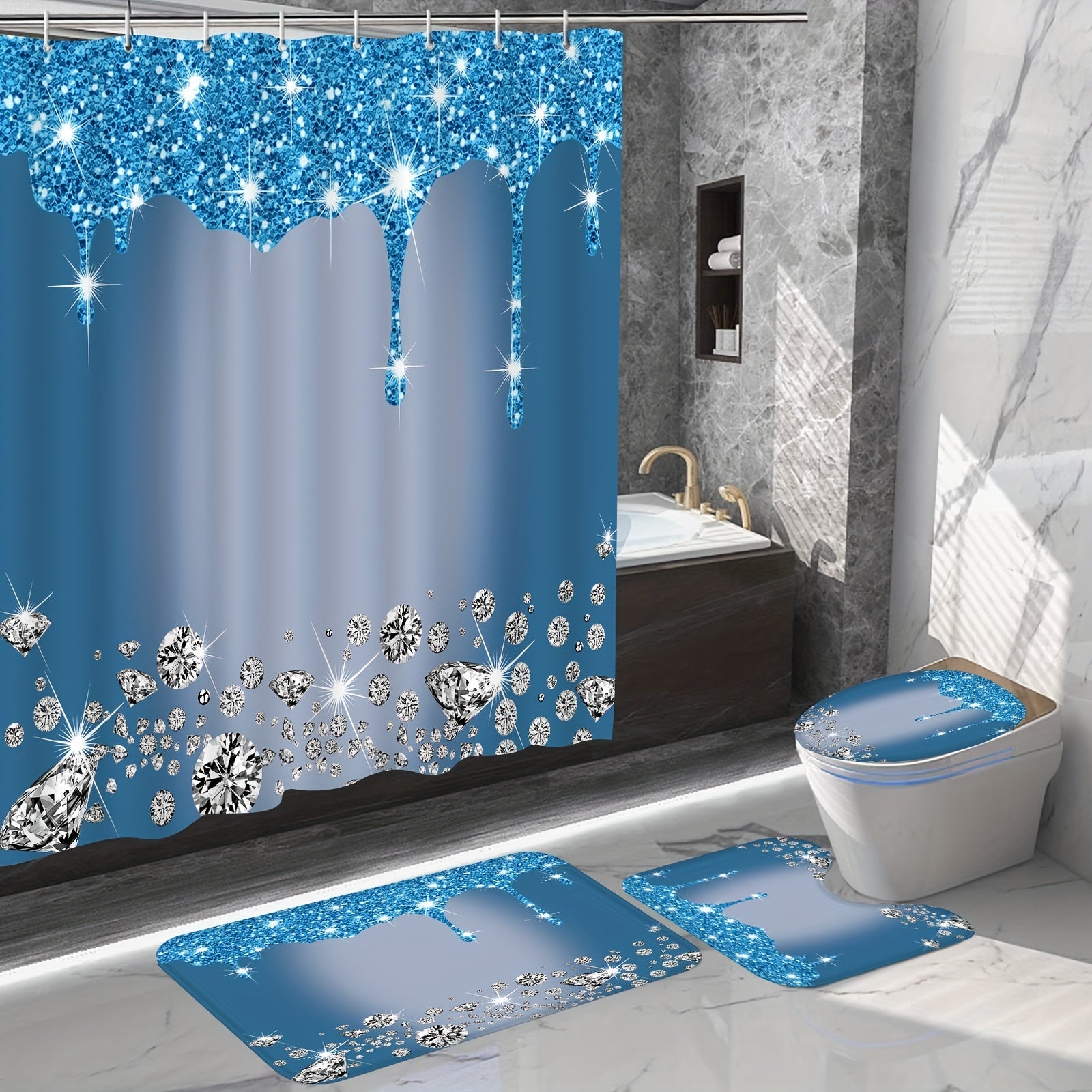 4Pcs Diamond Pattern Shower Curtain Set with Non-Slip Rugs