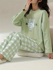 Bunny Print Pajama Set Long Sleeve Top & Plaid Pants