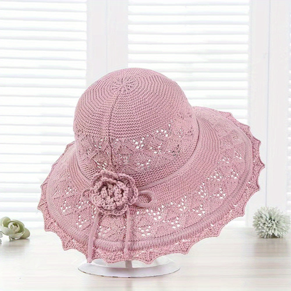 Khaki Hollow Knitted Sun Hat Flower Foldable Travel Beach Casual Bucket Hat