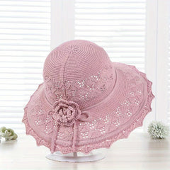 Khaki Hollow Knitted Sun Hat Flower Foldable Travel Beach Casual Bucket Hat