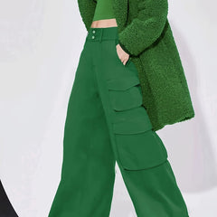  Solid Wide Leg Cargo Pants High Rise Button Fly Trousers