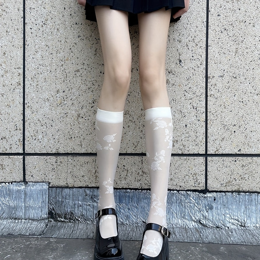 Floral Pattern Mesh Calf Socks Sheer Knee High Stockings