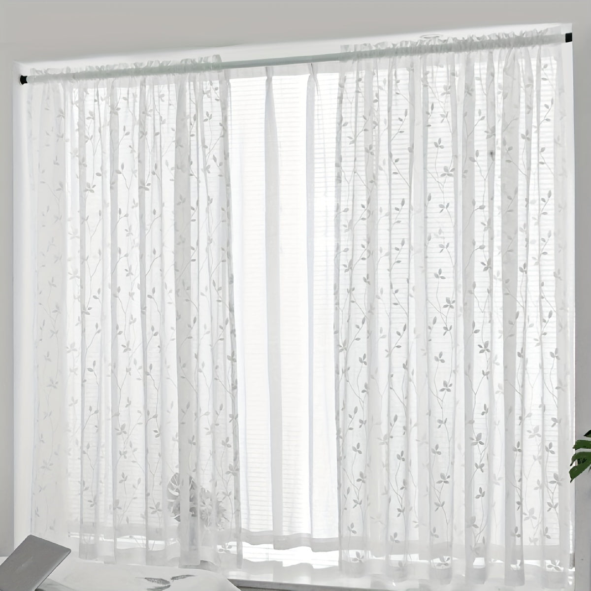 Pastoral Style Embroidery Sheer Curtain Branch Leaf Pattern Rod Pocket