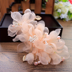 Pink Yarm Flower Hair Clip Duck Billed Clip Alloy Leaf Inlaid Rhinestone
