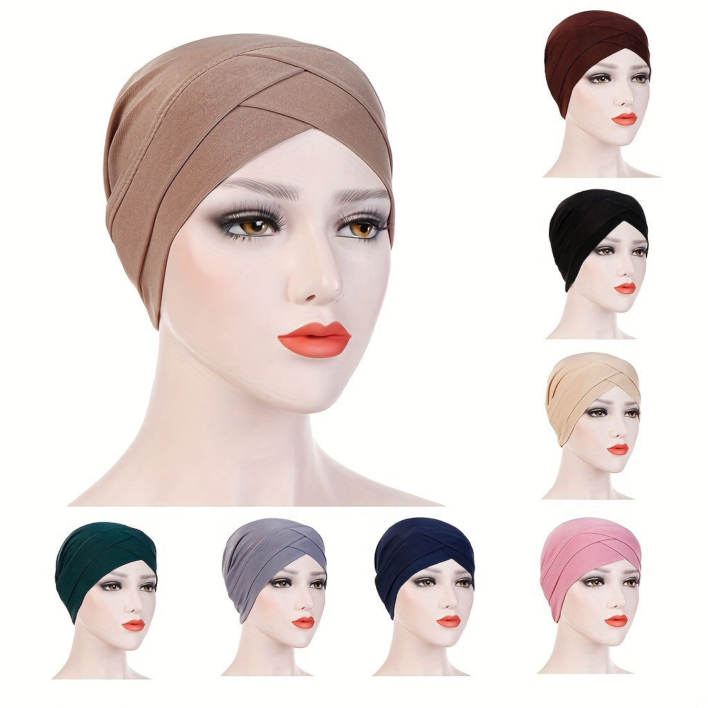 Crossed Turban Hat Women Solid Hijab Hat Casual Elastic Head Wrap