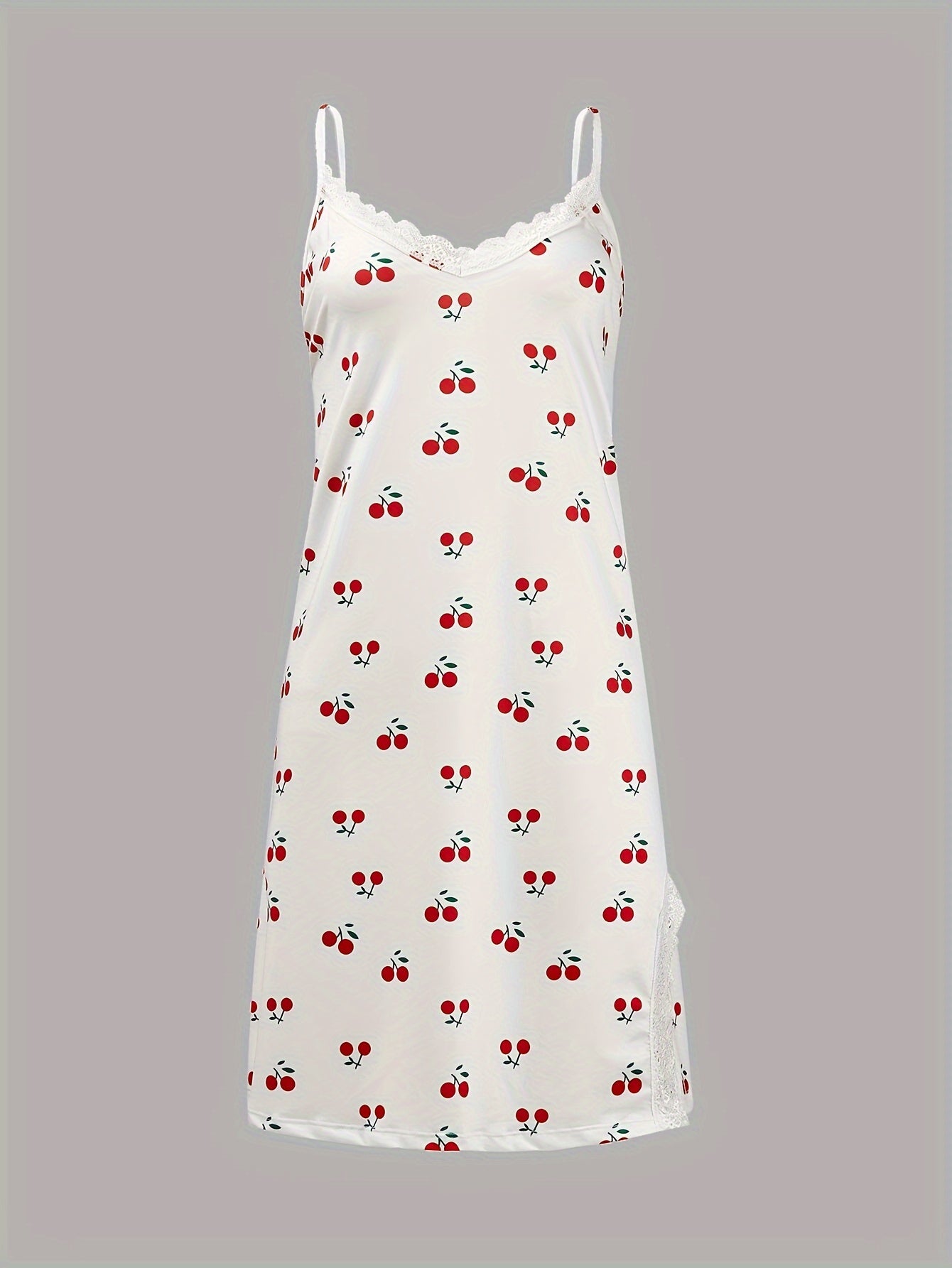 Cherry Print Lace Trim V Neck Cami Sleep Dress