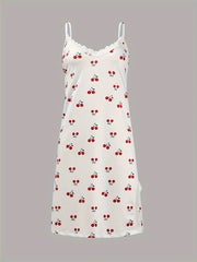  Cherry Print Lace Trim V Neck Cami Sleep Dress