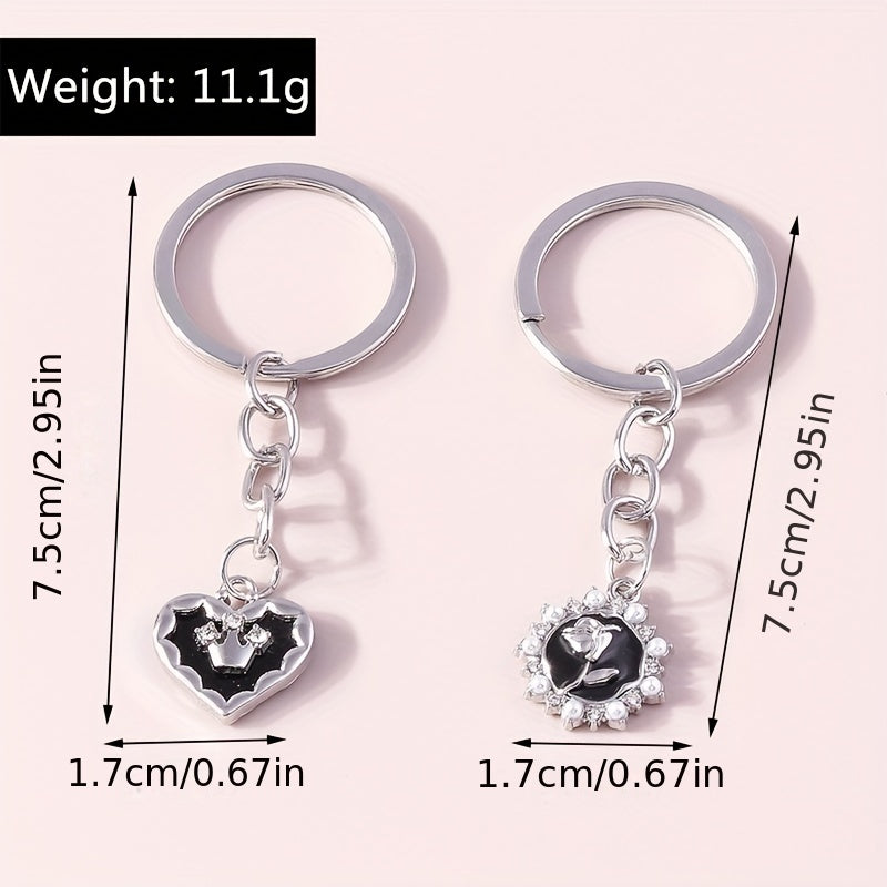 Rose Heart Keychain Rhinestone & Faux Pearl Key Ring Purse Bag Car