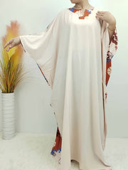  Floral Print Kaftan Dress Colorblock Bat Sleeve Maxi Dress