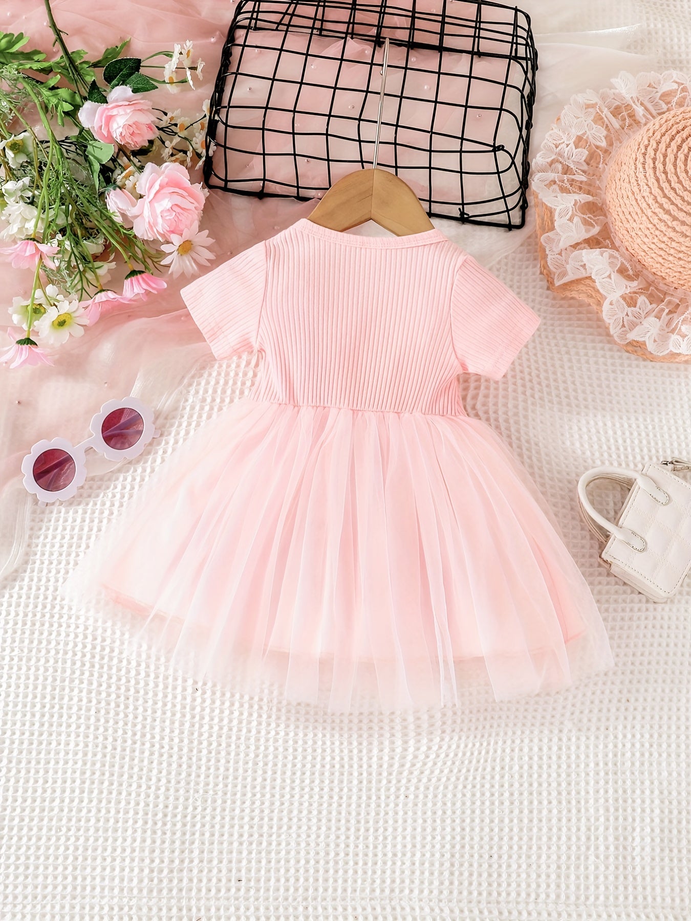 Floral Embroidery Short Sleeve Mesh Dress for Baby Girl