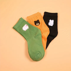 3 Pairs Cartoon Animal Print Socks Comfy & College Style Women's Stockings
